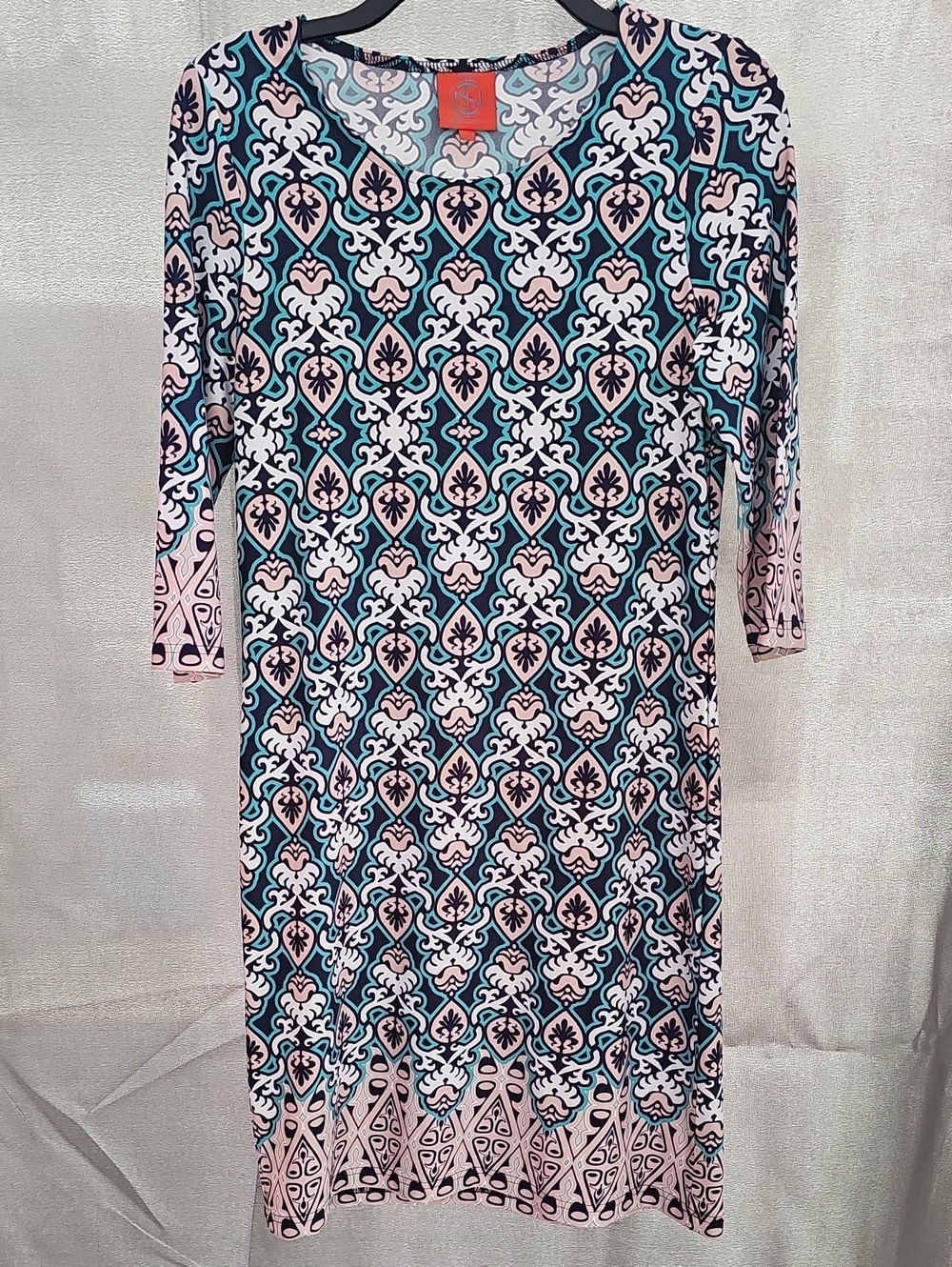 Tracy Negoshian Pink and Teal Patterned Midi Dress